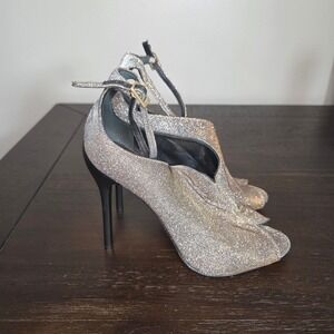 B Brian Atwood Glitter Metallic Stiletto Sandals 10 Peep Toe Evening Heels